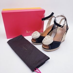 Kate Spade Brit Wedge Espadrille Sandal Black Suede Cream Rosette Twill Size 9.5